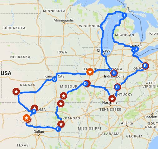 Reiseroute USA 2017 Midwest1